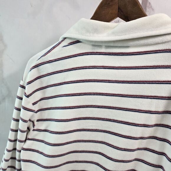 Vintage Sweatshirt Mens Large White Striped Velour 70s 80s Rugby Polo Pullover - Picture 7 of 11
